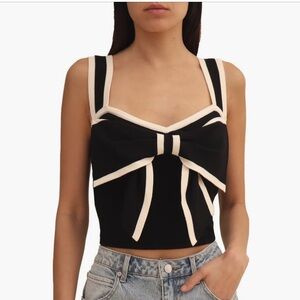 Avec Les Filles Black and Cream Bow Crop Top Large NWT